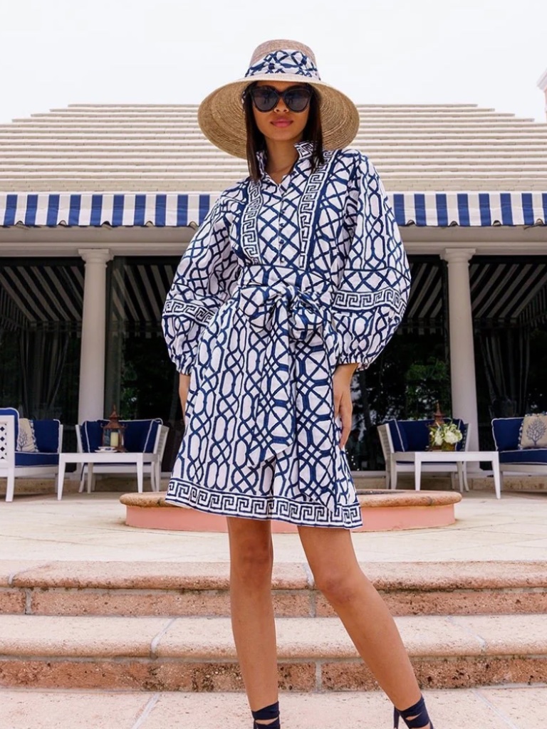 Sue Sartor Flounce Shorty In Navy Bamboo 100% Cotton Resort Bohemian Block Print